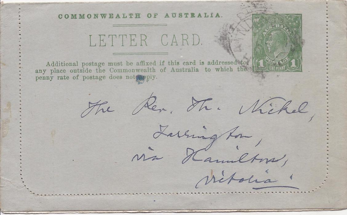Australia (Picture Stationery) 1918 1d. grey-green ‘sideface’, Die I letter card, ‘Albert Bridge Queensland’, used from Eudunda S.A.