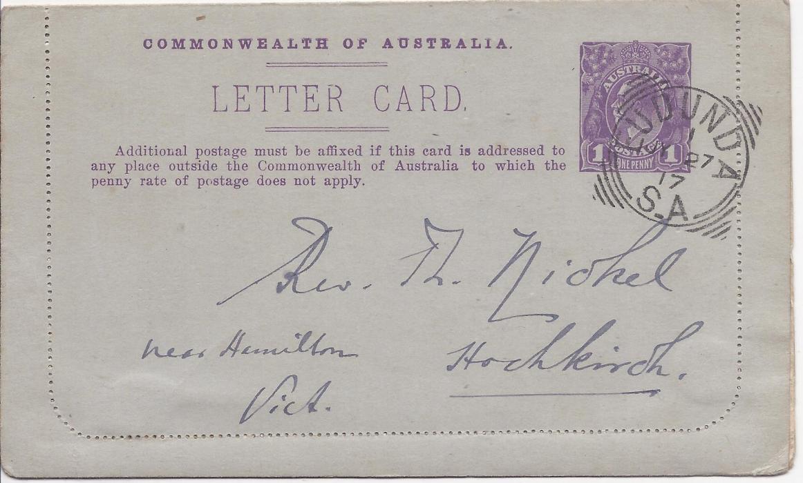 Australia (Picture Stationery) 1917 1d. purple ‘sideface’, Die I letter card, ‘Albert Bridge Queensland’, used from Eudunda S.A.