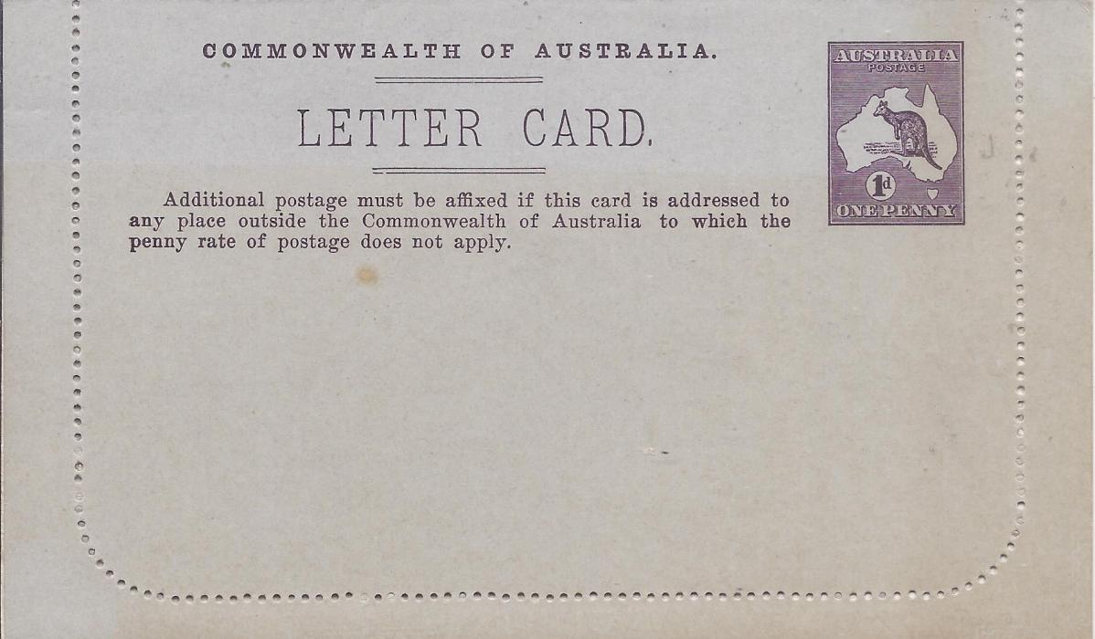 Australia (Picture Stationery) 1913-14 1d. purple-brown Roo, Die I letter card, Lorne Victoria, fine unused.