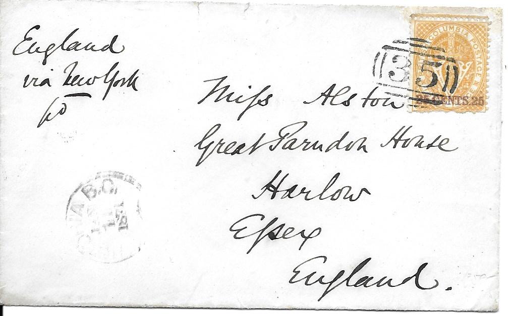 Canada (British Colombia) 1871  (Jan 11) cover to England bearing single franking perf 14 25c. yellow tied by fine ‘35’ numeral, faint cds in association bottom left, Harlow arrival backstamp. The stamp has been roughly removed from sheet at base, whereas at top shows all of the above stamp.