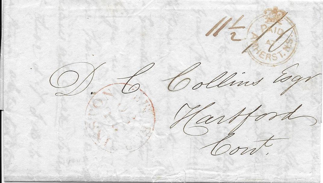 Canada (Nova Scotia) 1845 (JY 23) entire to Hartford, Conn.bearing fine example of ‘Paid at  Amherst. N.S.’ crown circle, the Amehurst cds on reverse together with St Andrews N.B. transit, “11 ½ “ accountancy with ‘10’ for United States. Fine and scarce.