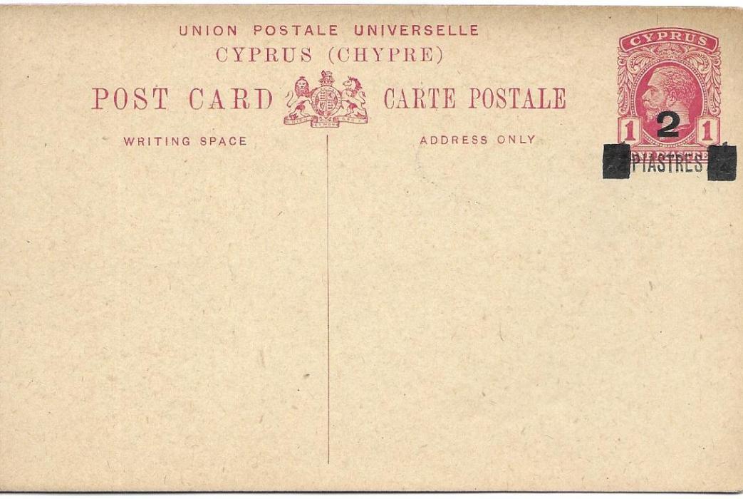 Cyprus 1923 2 piastres on 1pi postal stationery card unused.