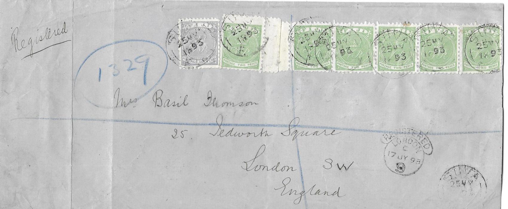 Fiji 1893 (25 MY)  long registered cover to London, from Basil Thomson, author of “The Decay of custom in Fiji” to his wife, franked at 1/1d. rate with 2d. single (position 10, type 2), 2d. strip of five (positions 11-15) and 1d. single (position 48, substituted cliché), arrival backstamp.