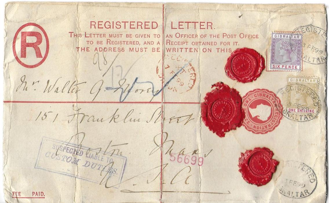 Gibraltar 1899 2d. registered stationery envelope, size H, to Boston, USA, additionally franked 6d. and 1/- tied oval datestamps, London transit, arrival backstamp; vertical filing creases not unduly detracting.
