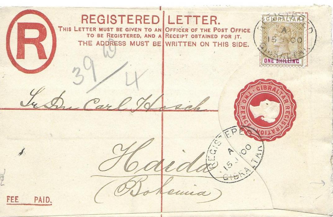 Gibraltar 1900 (15 JY) 2d. registered postal stationery envelope additionally franked with Queen Victoria set, both front and back, addressed to Haida, Bohemia and routed by Madrid.