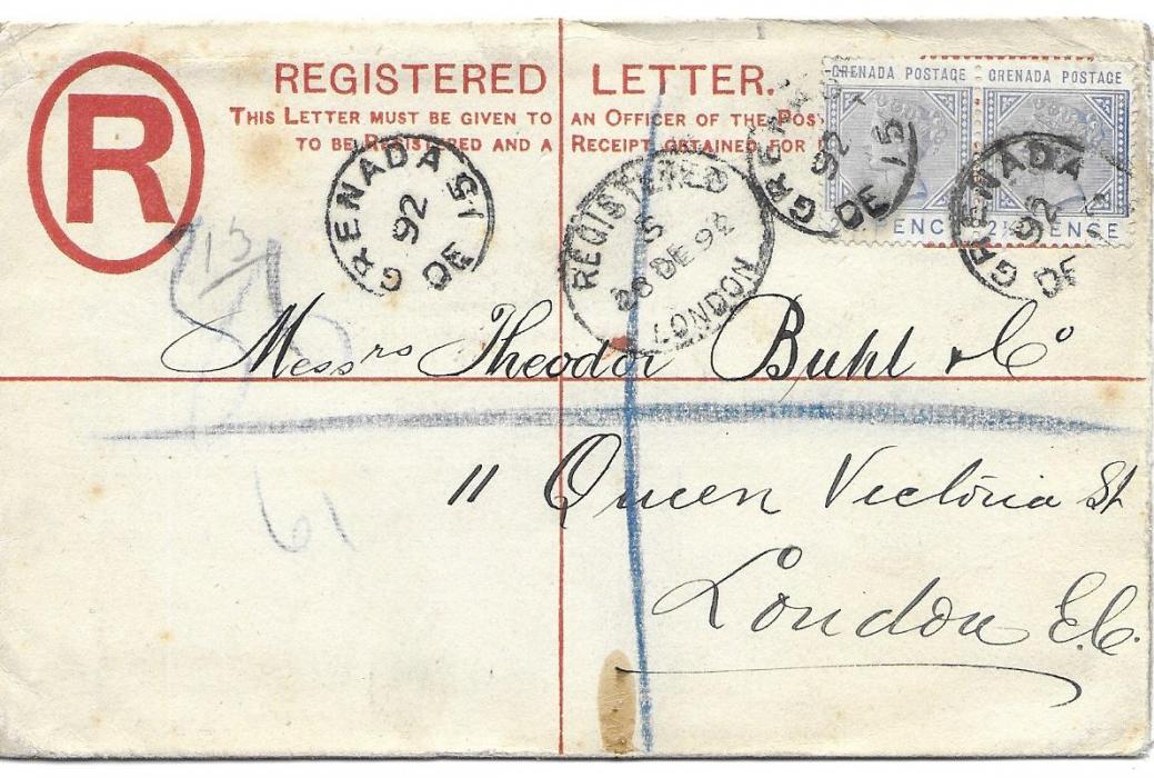 Grenada 1892 2d. registration envelope, size G, DE La Rue under flap, to London uprated pair 2 ½d. tied Grenada cds, arrival on front.