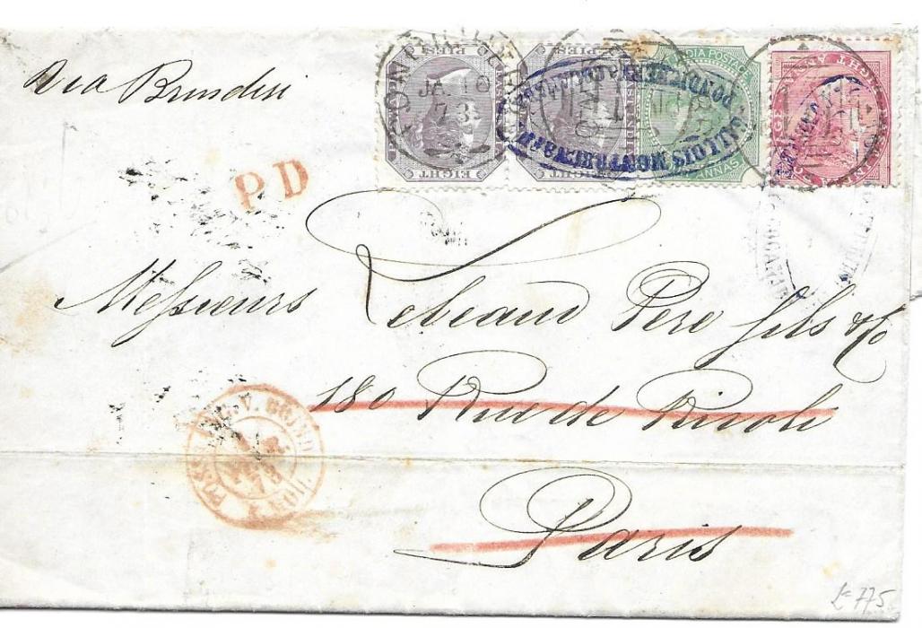 India 1873 (JA 10) entire to Paris franked 1865 watermarked 8p. (2), 4a. and 8a. tied fine Pondichery duplex and overstruck by two oval company chops; small tone spot at top does not detract from attractive appearance
