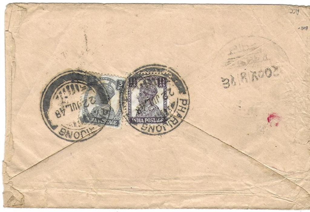 India (Tibet) 1948 underfranked cover to Nepal bearing on reverse 3p. and 1 ½a. tied Pharijong date stamps, cursive framed postage due handstamp of Pharijong and larger unclear one,  presumably arrival alongside.