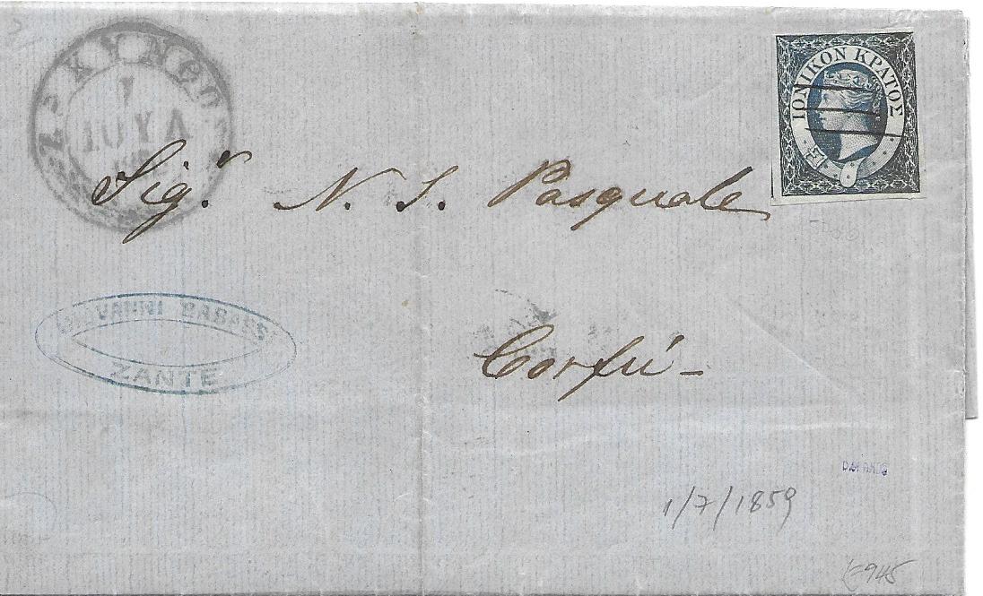 Ionian Islands 1859 entire from Zante to Corfu, franked 1d. blue with margin just touched at top right side. The rate was 1 ½d and the extra ½d. has been paid in cash with manuscript on reverse. Simmermacher photo certificate.