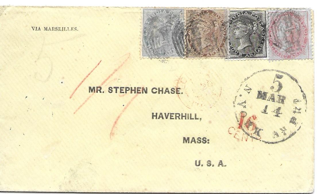 Malaya India used in Singapore: 1860s printed envelope to Haverhill, Mass., USA bearing four colour franking tied by a little unclear B/172 cancels, red London transit below, 5 N.York Am Pkt date stamp and cursive 16 cents accountancy,the reverse bearing good example of double oval FORWARDED BY BOUSTEAD & Co. and Singapore date stamp;tiny piece of backflap missing, fine and rare.