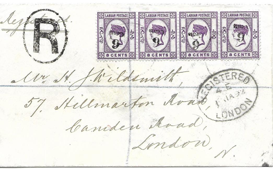 Labuan 1891 registered cover to London franked horizontal strip of four 6c on 8c with inverted handstamp tied by two faint cds, Registered London date stamps front and back; good condition.