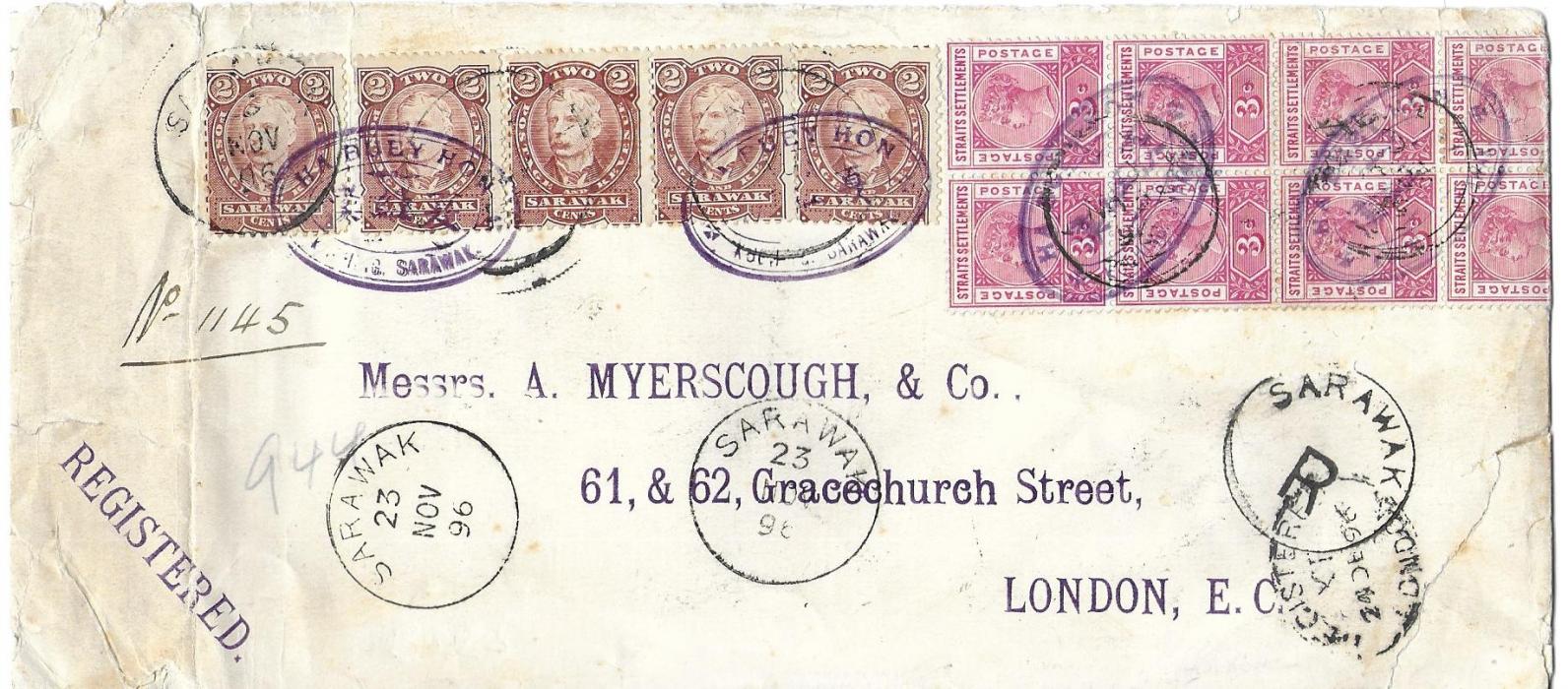 Sarawak 1896 (23 Nov) registered ‘Myerscough’ combination cover to London franked 1895 Sir Charles Brooke 2c. pair and three singles tied Sarawak cds of 1 DE and Straits Settlements 3c. blocks of  8 and 7, the block of eight folded over to reverse with Singapore NO 25 cds, further Sarawak cds on front together with SARAWAK R circular handstamp. All the stamps have also been cancelled by oval company chop HA BUEY HON Kuching Sarawak. Some slight faults, a striking cover.