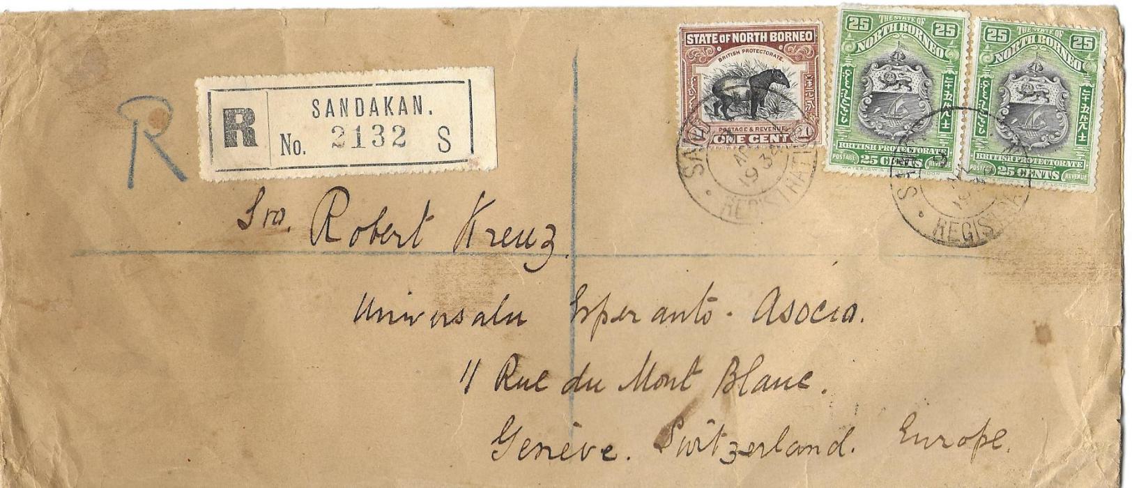 North Borneo 1934 long registered cover to Esperanto Association, Geneva, Switzerland franked 1c. Tapir and two 25c. Arms tied Sandakan Registered cds, reverse with Singapore transit; slight faults, commercial.