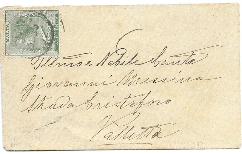 Malta 1902 small calling card envelope to Valetta franked 1/2d. tied very rare Hamrun cds, arrival backstamps. A somewhat unclear cancel of DE 30 02 with HA...N clearly visible.