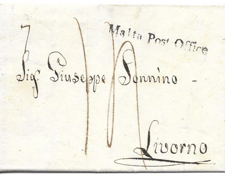 Malta 1840 entire to Livorno bearing fine straight-line MALTA POST OFFICE handstamp (50 x 5mm), large manuscript rating, arrival backstamp; fine, clean example