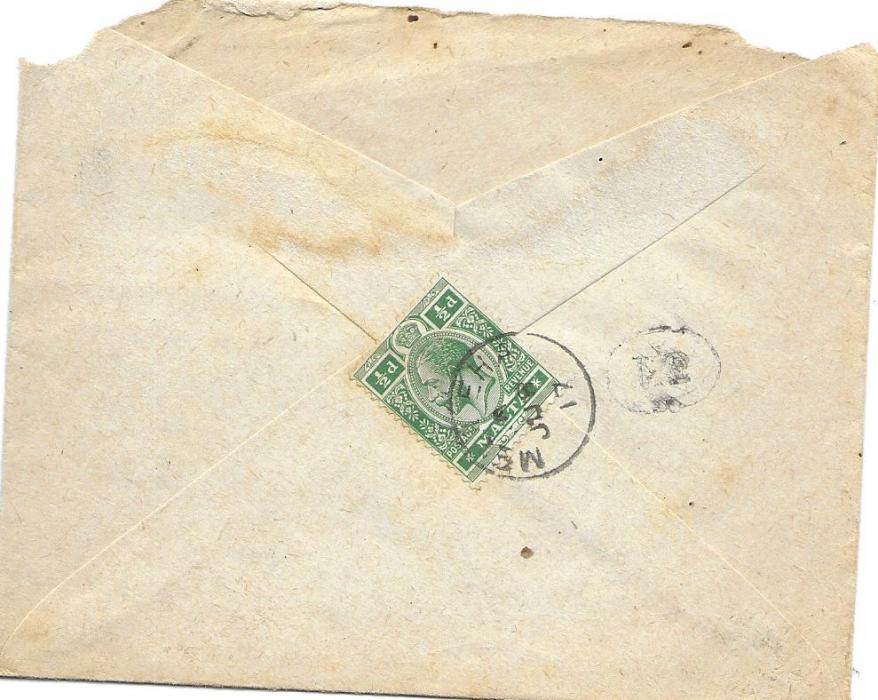 Malta (Village Postmark) 1917 local cover franked on reverse ½d. tied by good strike of Melleha cds, postman’s handstamp alongside.