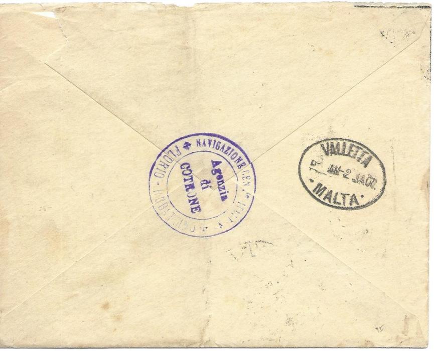 Malta 1906 underfranked incoming mourning cover from Cotrone, Calabria bearing 15. on 20c. with square circle despatch cancels, black handstamped ‘T’ and unframed ‘2d’ charge, Valetta backstamp.