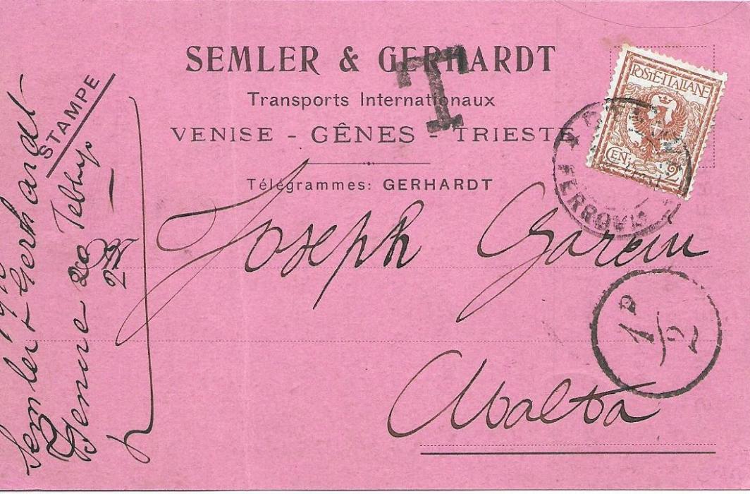 Malta 1910 underfranked card from Genova bearing 2c., black ’T’ handstamp and circular framed ‘ ½d.’ , Malta cds on reverse. The card is from a company dealing in international transport at Venice - Genoa – Trieste; vertical crease at left.