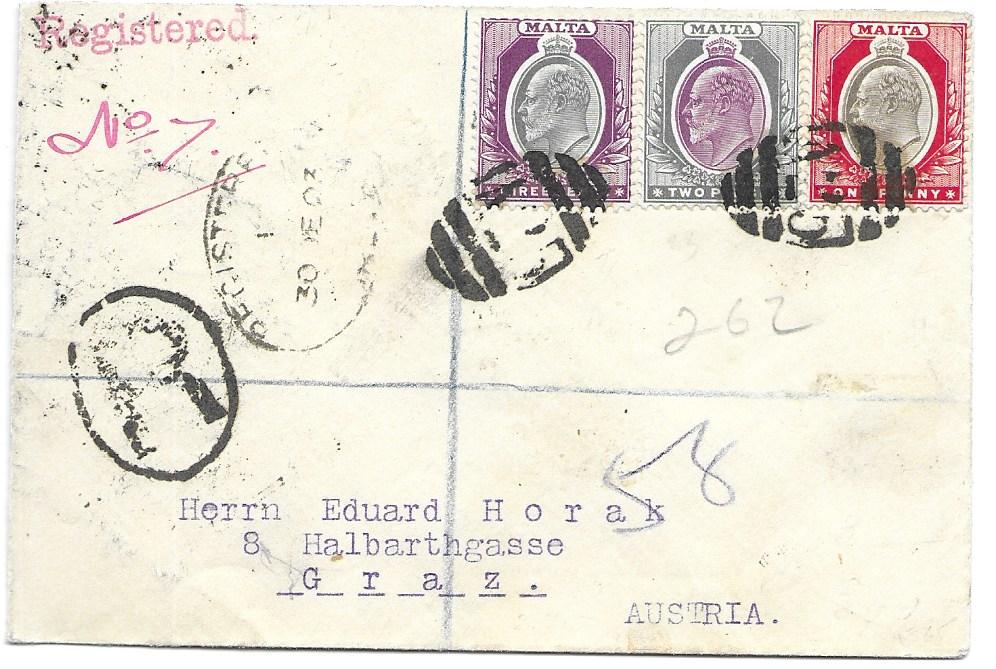 Malta 1903 registered cover to Graz, Austria franked KEVII 1d., 2d. and 3d. tied by two A25 thin obliterartors, registered date stamp and handstamp to left, arrival backstamp.