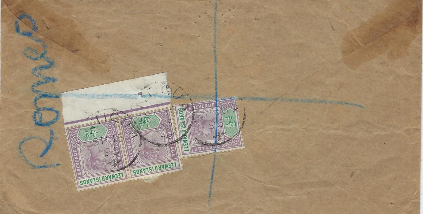 Antigua 1895 registered ‘Myerscough’ cover to London franked front and back with fourteen 1/2d. Including a plate marginal tied Antigua cds, arrival cancel on front; envelope damaged at bottom right, opened-out for display.