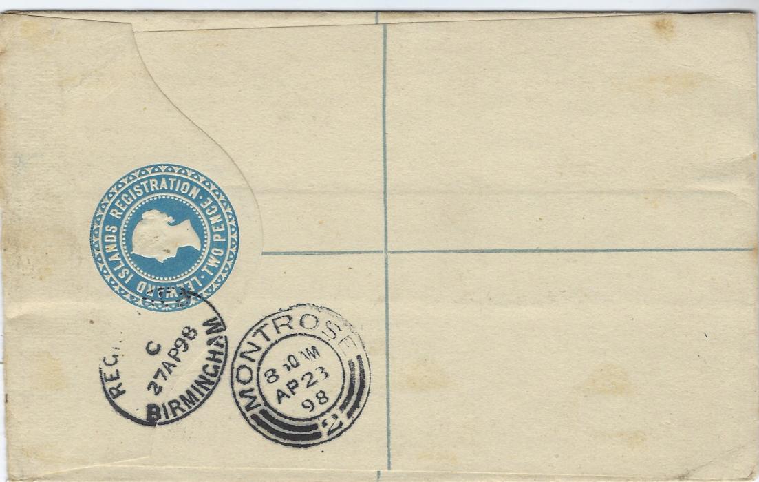 Antigua 1898 (AP 13)  registered 2d stationery envelope to Scotland bearing single franking Five shillings tied small cds, reverse with Birmingham transit and Montrose arrival cds. The stamp a little faded, rare on any type of cover.