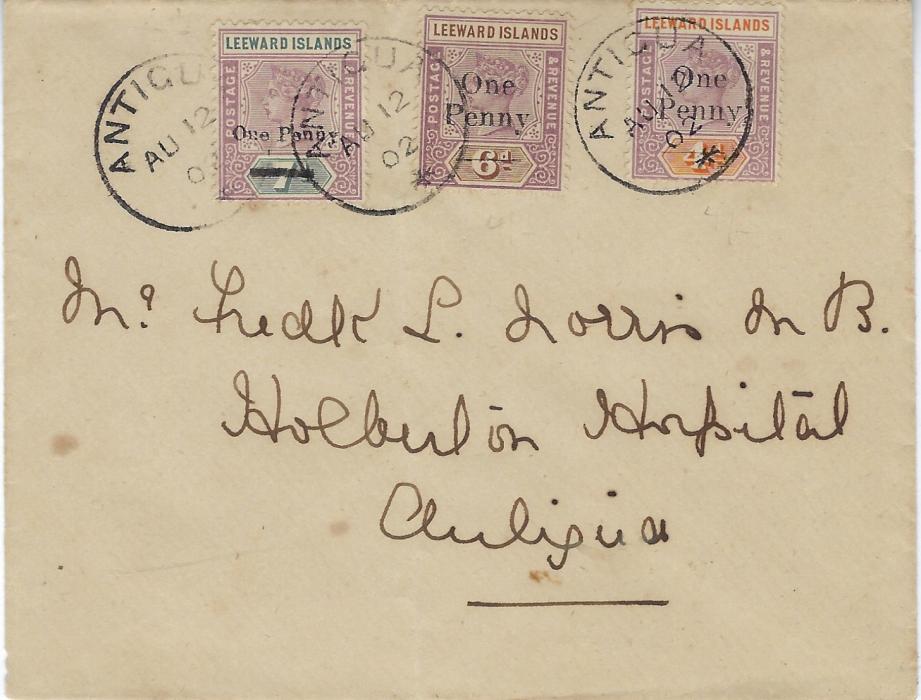 Antigua 1902 (AU 12) local cover franked by set of three surcharges tied by three cds of second day of issue; light vertical filing crease clear of stamps, no backstamps.