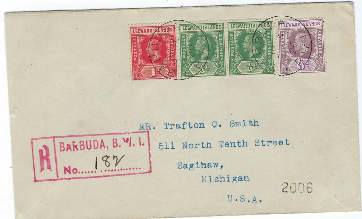 Barbuda 1926 (JY 6) registered cover to USA franked with unoverprinted Leeward Islands 1/2d. pair, 1d. and 6d. tied by two Barbuda B.W.I. cds, fine red registration handstamp at left, reverse with St John’s and New York transits and Saginaw, Mich. arrival cds; fine condition.