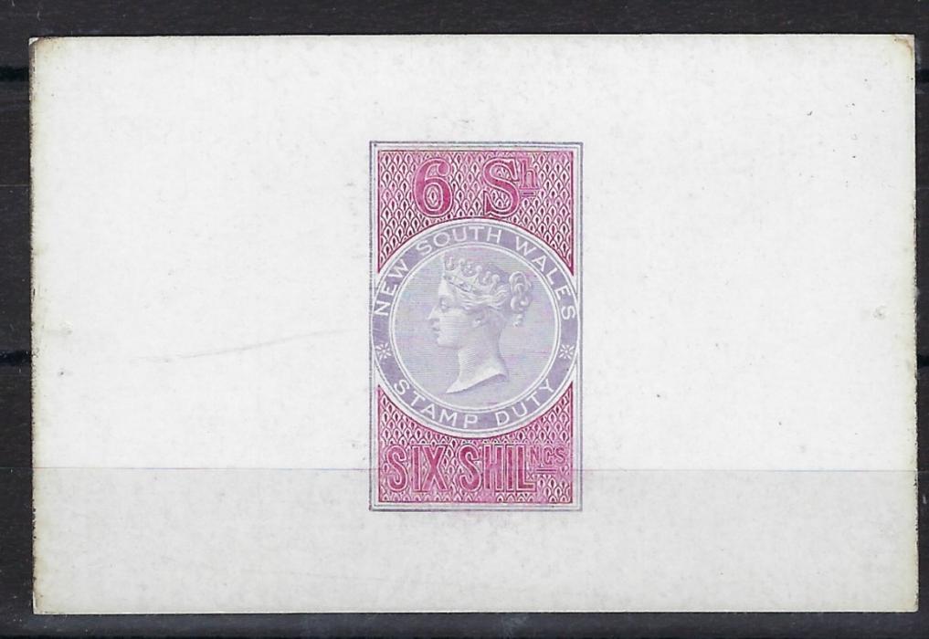 Australia New South Wales: 1893/94 Stamp Duty De La Rue proof for a 6s. value in lilac and carmine on white glazed card; fine and rare.