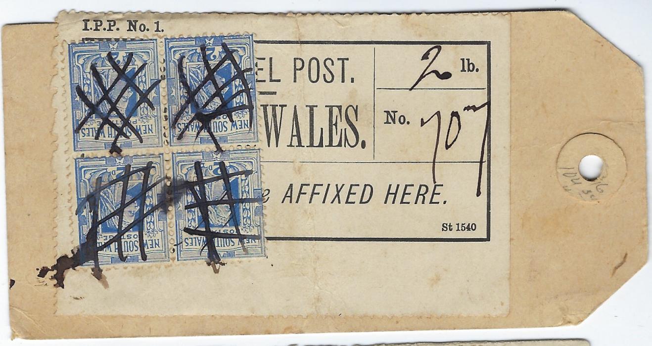 Australia New South Wales: Undated parcel label, addressed to Marrickville, endorsed “flowers only” and franked with block of 2d. blue queen Victoria, cancelled by pen criss-cross grill which paid the 2lb parcel rate.