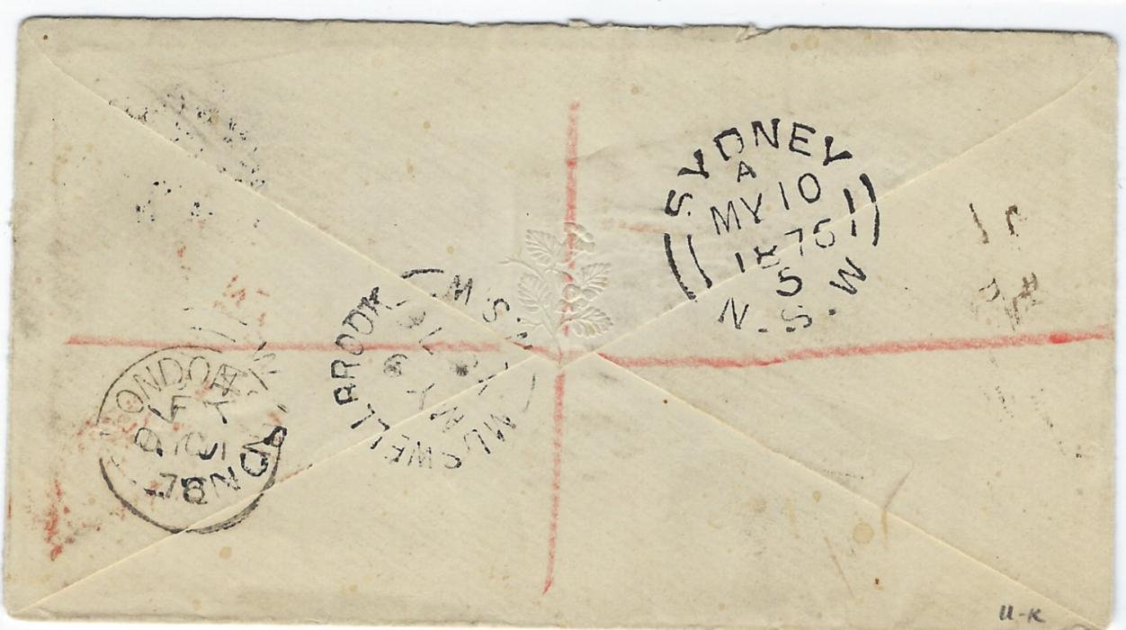 Australia New South Wales: 1876 (MY 8) registered cover to London franked two 2d. and 6d. DLR issues tied by ‘675’ numeral, manuscript registration and endorsed “Via Galle”.