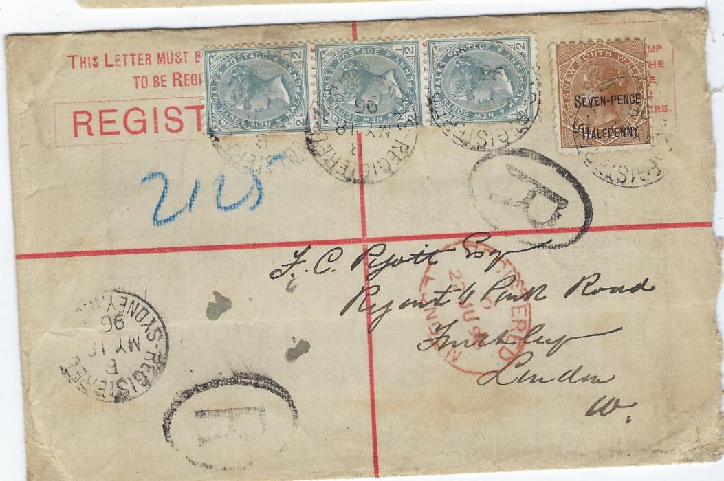 Australia New South Wales: 1896 (MY 18) registered 3d stationery envelope uprated with three 1/2d. plus ‘Seven Pence Halfpenny’ on 6d paying triple rate; good commercial usage of this surcharge stamp.
