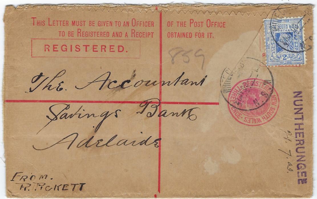 Australia New South Wales 1909 3d postal stationery registration envelope uprated by 2d. and cancelled White cliffs, the envelope originating at Nuntherungee, an outpost 40 miles west of white cliffs. The straight-line town marking in violet is possibly the only one recorded, as the post office closed in 1893.