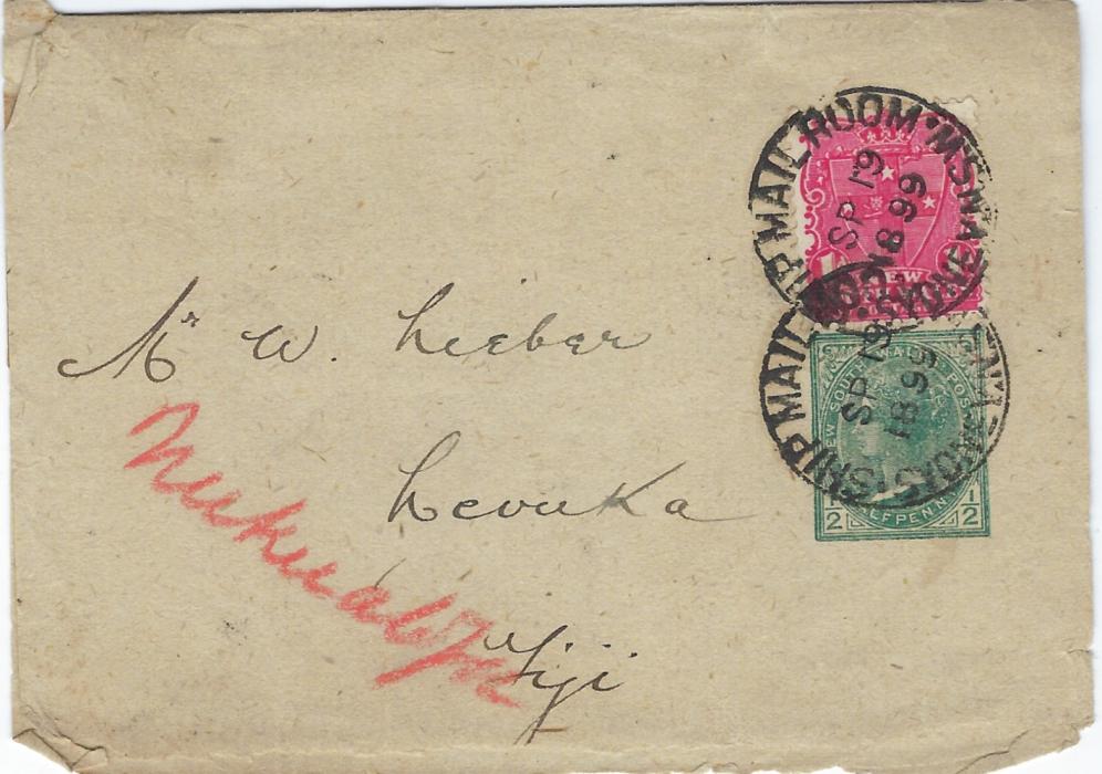 Australia New South Wales 1899 uprated 1/2d. postal stationery wrapper to Levuka, Fiji with 1d. tied Ship Mail Room Sydney cds, on arrival redirected with red manuscript Nukualofa, reverse with Haapia Tonga cds; fine and unusual.