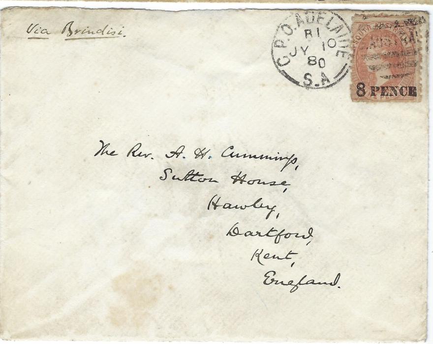 Australia South: 1880 (JY 10) cover to England bearing single franking 8 PENCE on 9d. tied Adelaide duplex, paying the via Brindisi rate. Missing backflap and other slight faults at back from mounting.