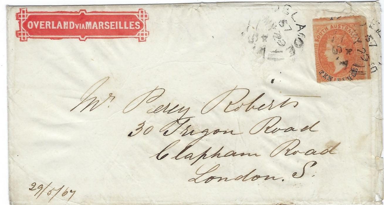 Australia (South) 1867 (MY 29) ‘Overland via Marseilles’ special envelope bearing single franking rouletted 10d on 9d. blue surcharge SG 35; somewhat off centre otherwise fine and attractive.