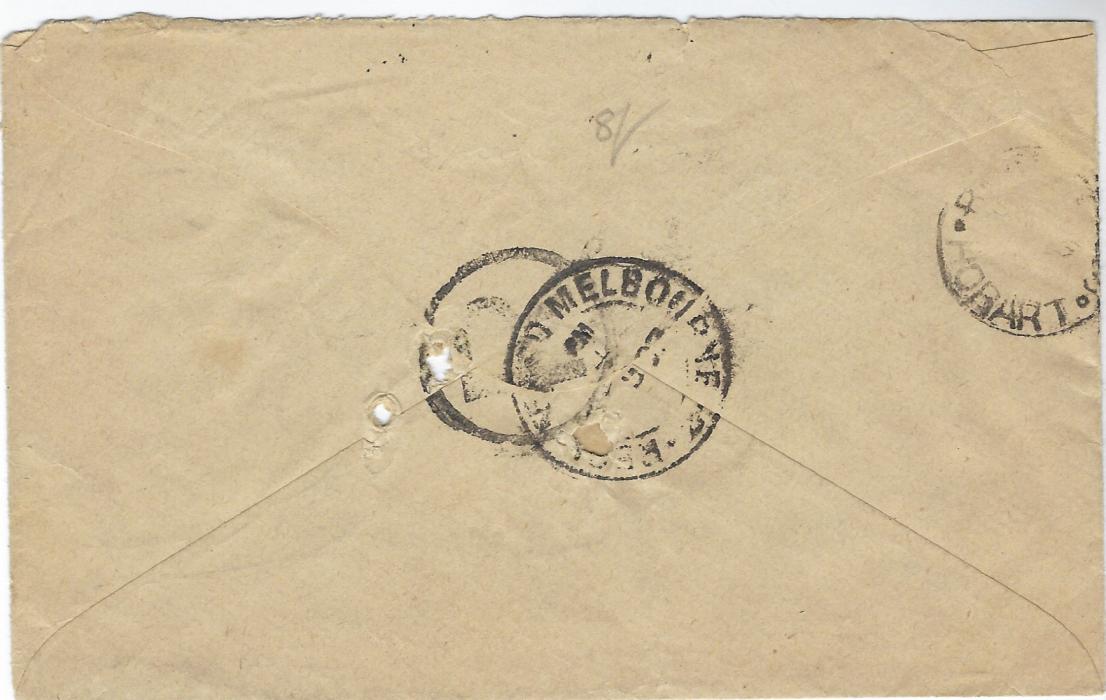 Australia Victoria: 1907 (SE 9) envelope to Tattersalls in Tasmania bearing a single franking watermark Crown over A, perf 12, 9d. orange-brown paying the triple weight with registration, tied Telegraph Office Rialto cds. Stamp with Inverted Watermark. Usual slight faults associated with Tattersall covers.