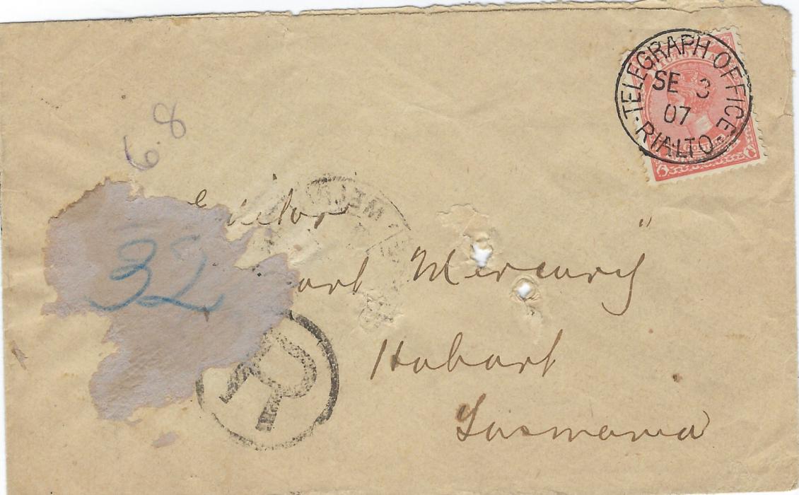 Australia Victoria: 1907 (SE 9) envelope to Tattersalls in Tasmania bearing a single franking watermark Crown over A, perf 12, 9d. orange-brown paying the triple weight with registration, tied Telegraph Office Rialto cds. Stamp with Inverted Watermark. Usual slight faults associated with Tattersall covers.