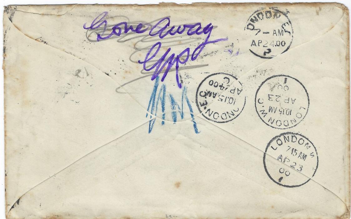 Australia Victoria: 1900 ‘Grand Hotel’ Melbourne illustrated advertising cover to London bearing single franking 2 ½d. tied double-ring cds, underfranked with octagonal framed T/25c  and then, on arrival a 5d/ F.B./B. Applied with square circle date stamp, reverse with various London cds and violet manuscript “Gone Away “ and signed.