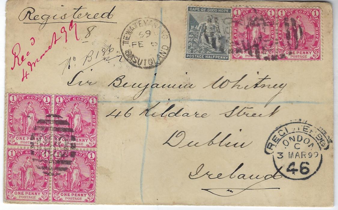 Basutoland 1899 registered cover to Ireland franked Cape of Good Hope ½d.  and ‘Hope’ 1d block of four and two singles cancelled ‘889’ numerals with Tewateyaneng Basutoland cds, registered London transit on front, reverse with Cape transits. 