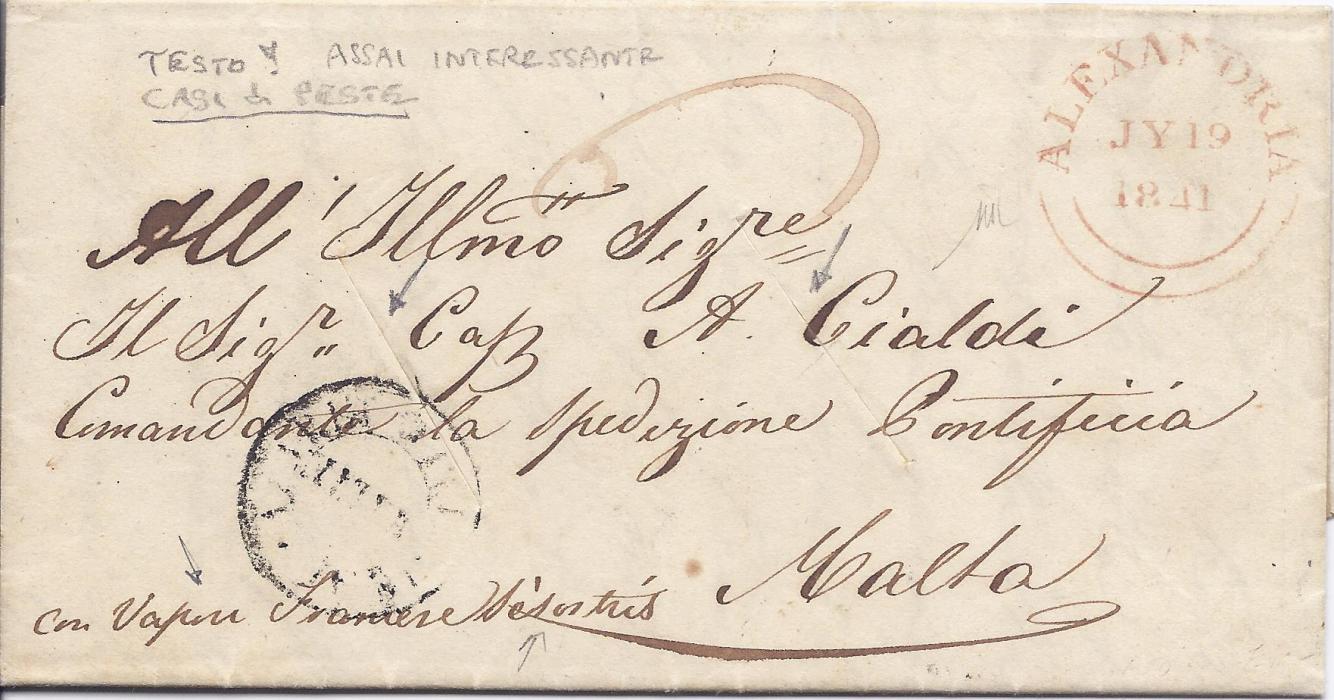 1841 Egypt (British Post Offices) 1841 entire to Malta endorsed to travel by French ship, bearing fine Alexandria double-arc date stamp, two diagonal disinfection slits with unclear cachet on front, arrival backstamp.