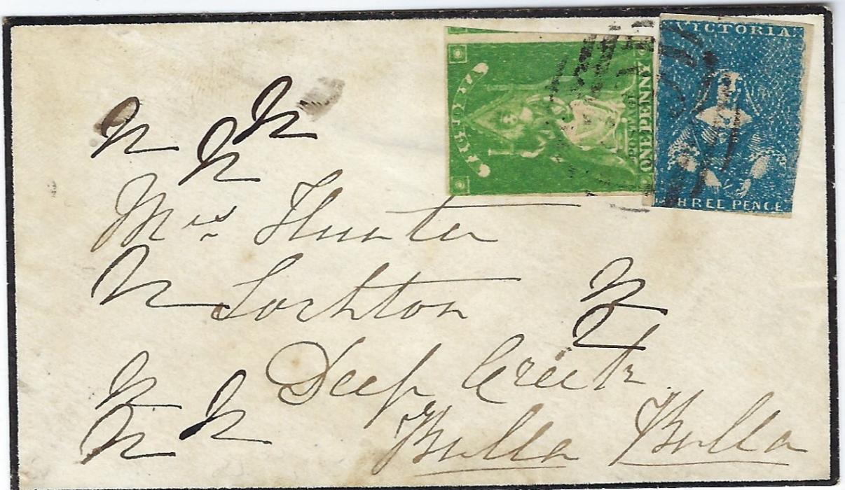 Australia Victoria: 1857 internal mourning cover bearing mixed franking of ‘Half Length’ 3d (two touched margins) and 1856 1d yellow-green ‘Queen on Throne’ (two touched margins). Envelope written across on reverse, despite these issues still an attractive item.