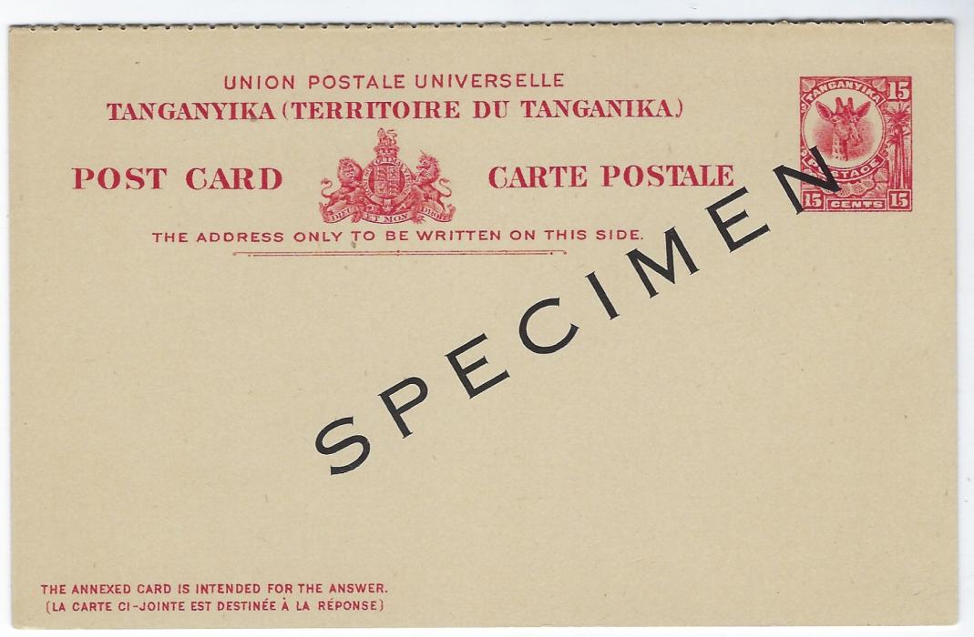 Tanganyika 1923 15c. ‘Giraffe’ reply postal stationery card, each section overprinted SPECIMEN; fine condition.