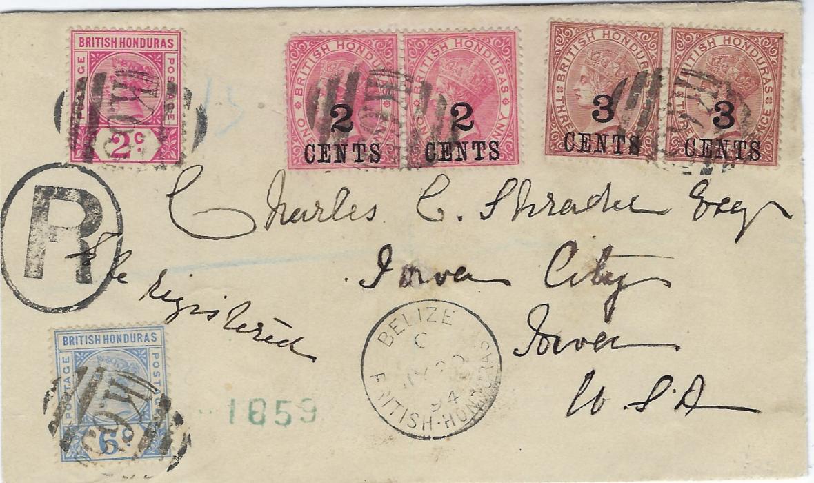 British Honduras 1894 (JY 20) registered cover to USA at correct 18c. rate made up with mixed issues 1888-91 ‘2 CENTS’ on 1d and ‘3 CENTS’ on 3d pairs together with 1891 2c. and 5c., tied by K65 obliterators with Belize cds at base, reverse with New Orleans transit; small parts of reverse missing from mounting.