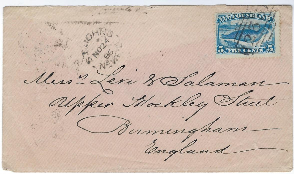 Newfoundland 1886 cover to Birmingham bearing single franking 5c Common Seal tied by 235 obliterator with St Johns cds to left, part arrival backstamp affected by missing backflap, fine and fresh appearance.