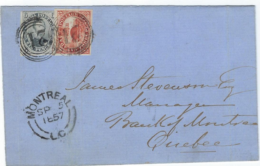 Canada 1857 outer letter sheet to Quebec franked by 1852-57 imperf 3d ‘Beaver’ and 6d. ‘Prince Albert’ both cancelled by fine ‘21’ numerals with Montreal cds in association below, arrival backstamp. The 3d with four fine margins and the 6c. with two large margins, complete but close margin at top and the right side not visible but appears complete from reverse. A very fine and attractive item.