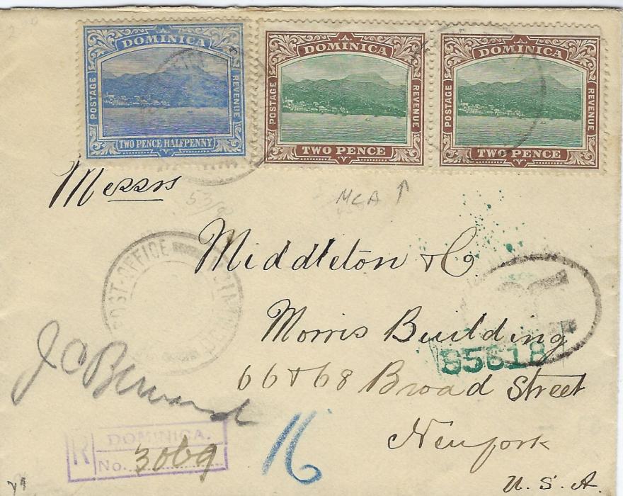Dominica 1909 registered cover to New York franked 1907-08 Wmk Mult Crown CA 2d. green and brown and 1908 2½d.  tied Post Office cds, violet registration bottom left and black R oval at right, arrival backstamp.