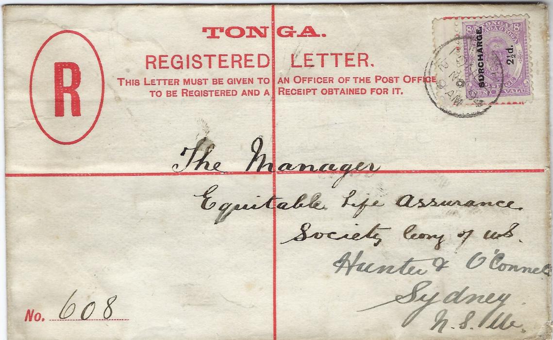 Tonga 1894 4d formula stationery registration envelope to Sydney uprated Surcharge 2 1/2d. on 8d mauve and tied by neat, slightly ilegible cds, reverse with arrival backstamp; good example, scarce.
