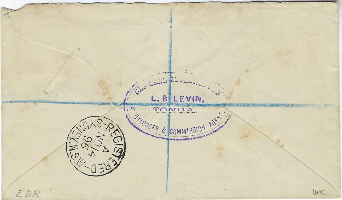 Tonga 1893 (27 Oct) Tonga Government Frank envelope sent registered to Sydney so uprated with 2 12d. King George II tied Nukualofa cds, violet registration handstamp bottom left, reverse with company chopk and arrival cancel.