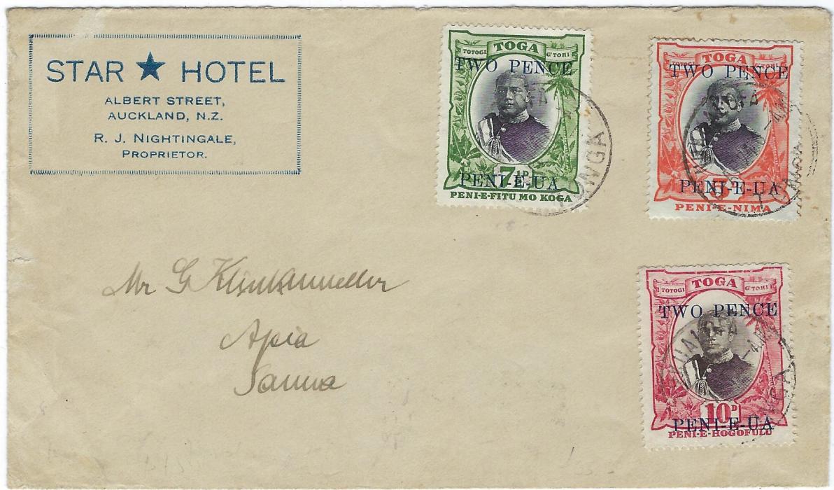Tonga 1920s Hotel envelope addressed to Apia, Samoa and franked three Two Pence surcharges including on 7 1/2d. and 10d., tied Nukualofa cds, without backstamps.