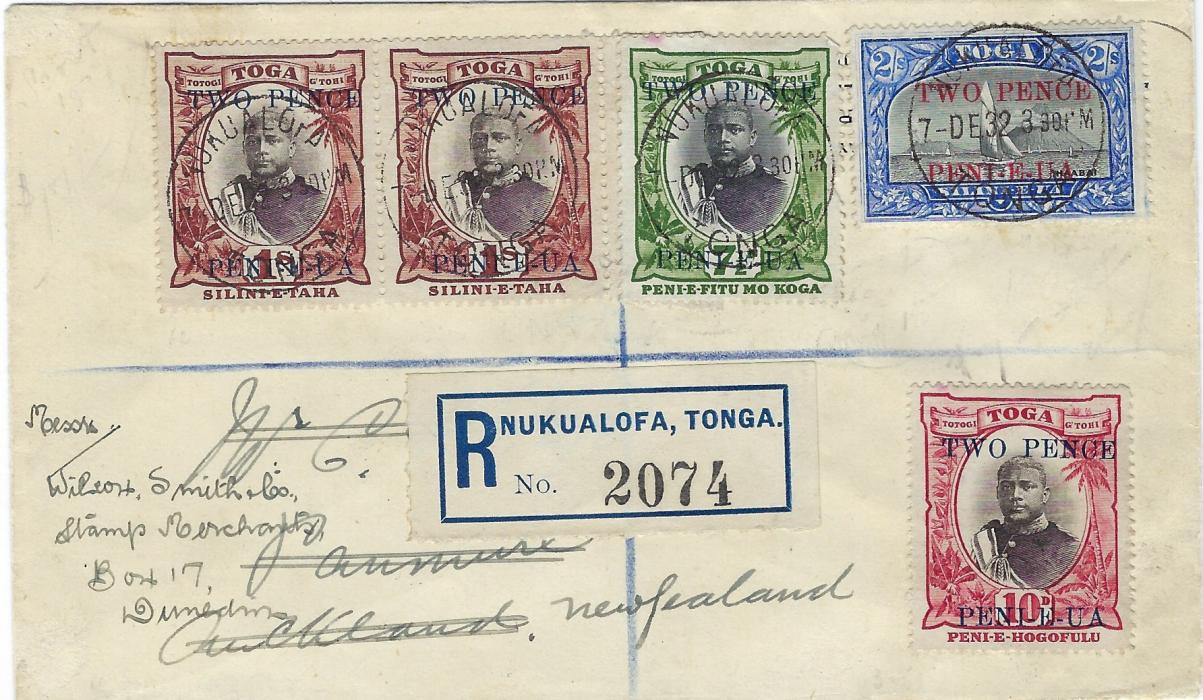 Tonga 1932 registered cover to New Zealand bearing five surcharge values Two Pence on 7 1/2d., 10d., 1s. pair and 2s., the 10d not cancelled, others with Nukualofa cds; fine and fresh condition without backstamps.